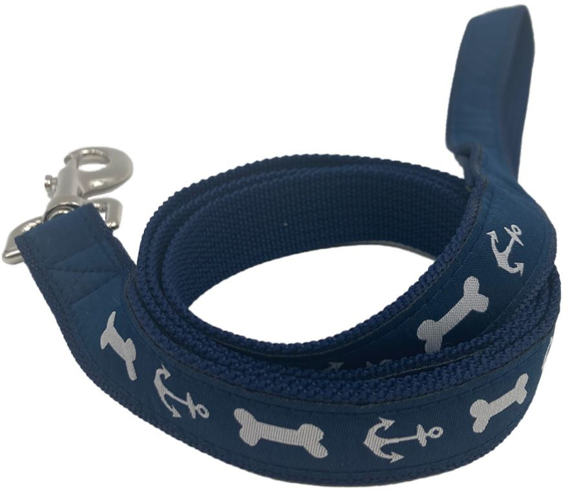 woven applique dog lead, blue with blue applique