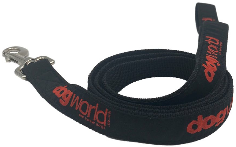 woven applique dog lead, black with red design