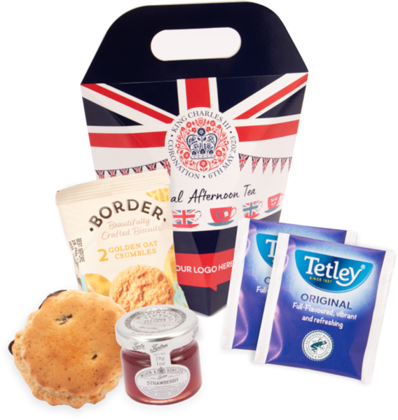 Mini afternoon tea hamper showing content, scone, jam jar, biscuit, tea bags