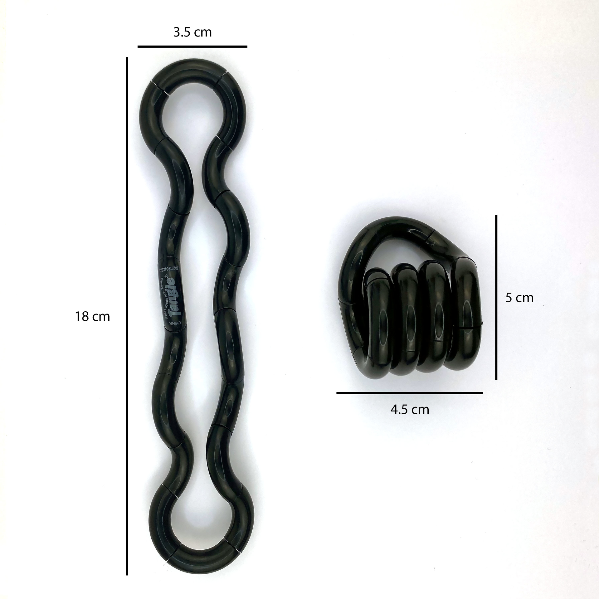 black tangle showing measurements coiled and stretched out