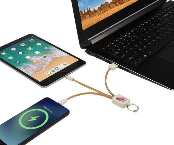 Cork charging cable 3-in-1 in use with multiple devices