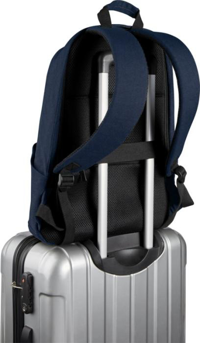 Navy Backpack attached to suitcase