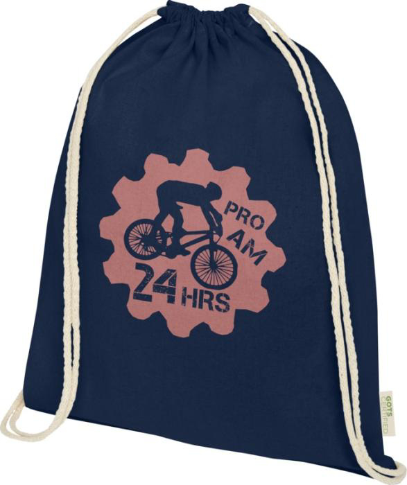 Navy drawstring bag made from organic cotton with print