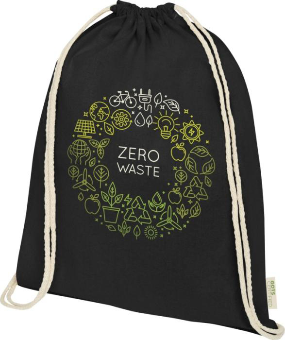 Black drawstring bag made from organic cotton with print
