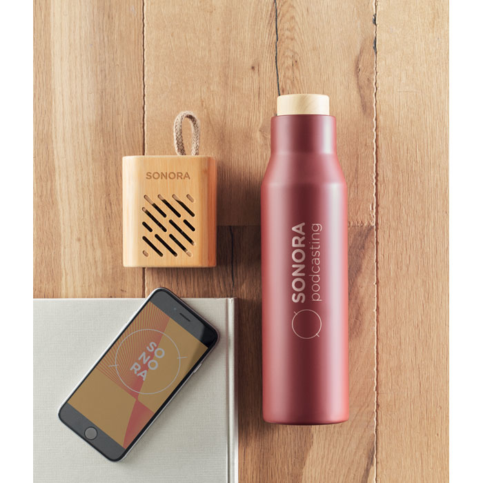 Bamboo speaker with print amongst other items