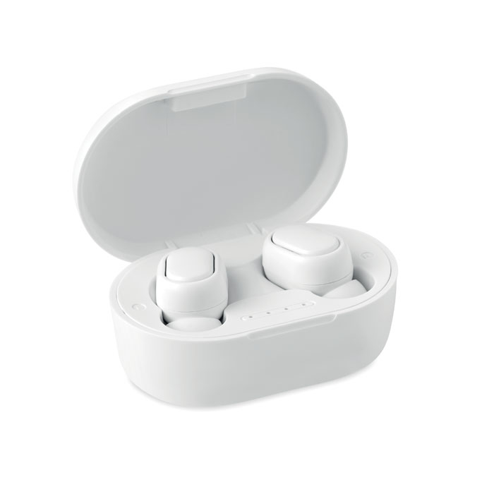 Recycled plastic earphones open and in case