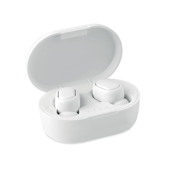 Recycled plastic earphones open and in case