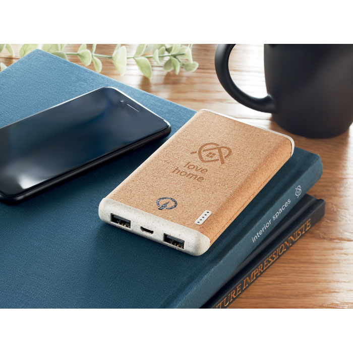 Ralia wheat straw and cork power bank with print in use