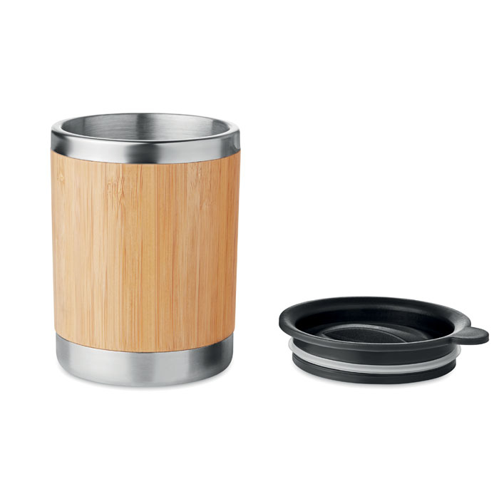 Bamboo and steel tumbler with lid off
