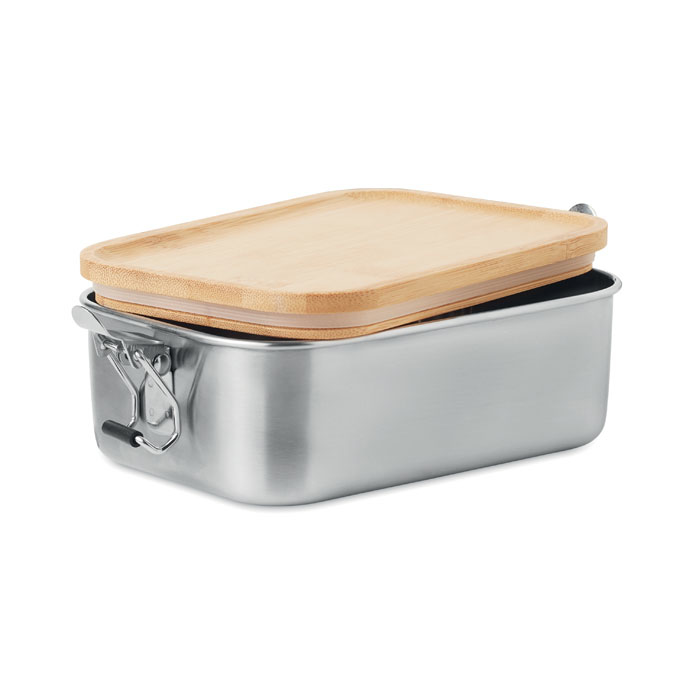 Steel lunch box with bamboo lid slightly open