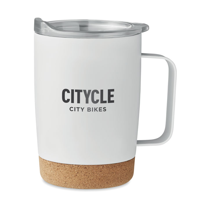 Steel tumbler with cork base and print in white