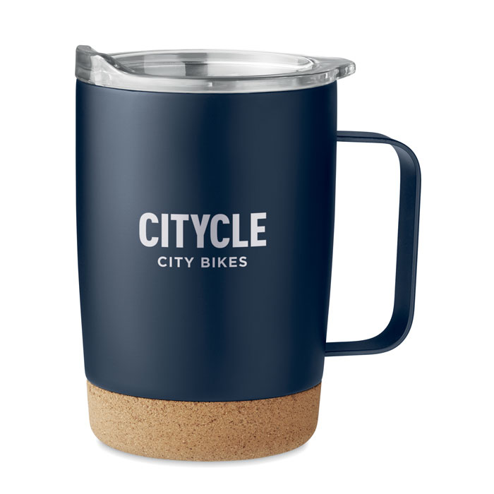 Steel tumbler with cork base and print in dark navy