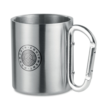 Camping mug with silver handle with print