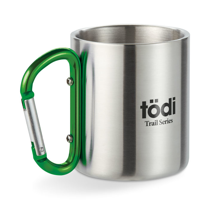 Camping mug with green handle with print