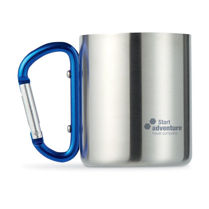 Camping mug with blue handle with print