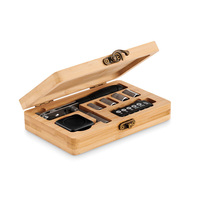 Tool set in bamboo case open