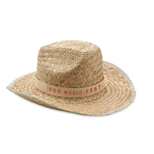 Natural Straw Hat with beige band and print