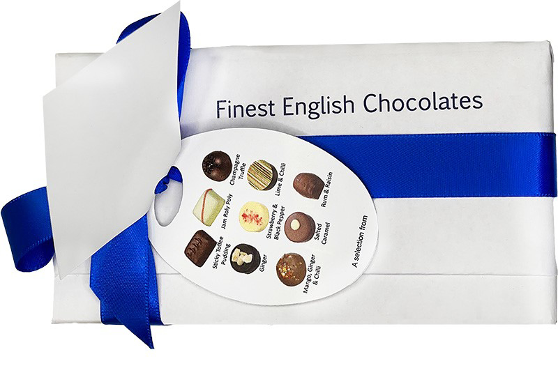 assorted box of chocolates with logo and menu of chocolates 