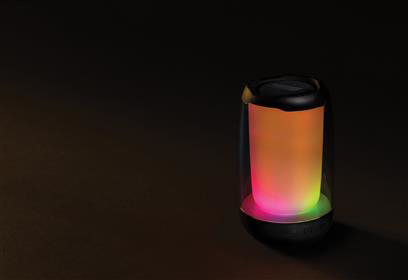 Lightboom speaker lit up in dark