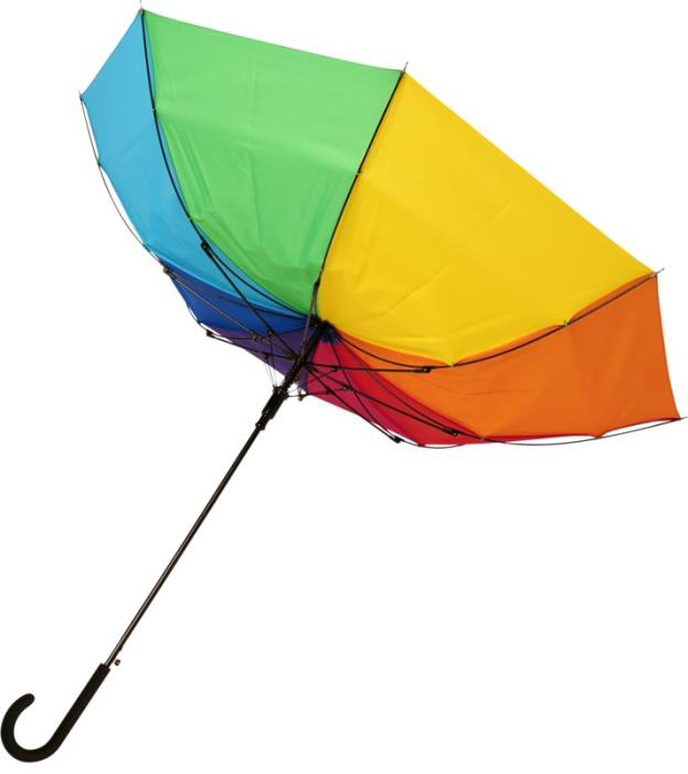 Rainbow umbrella folded inside out by wind