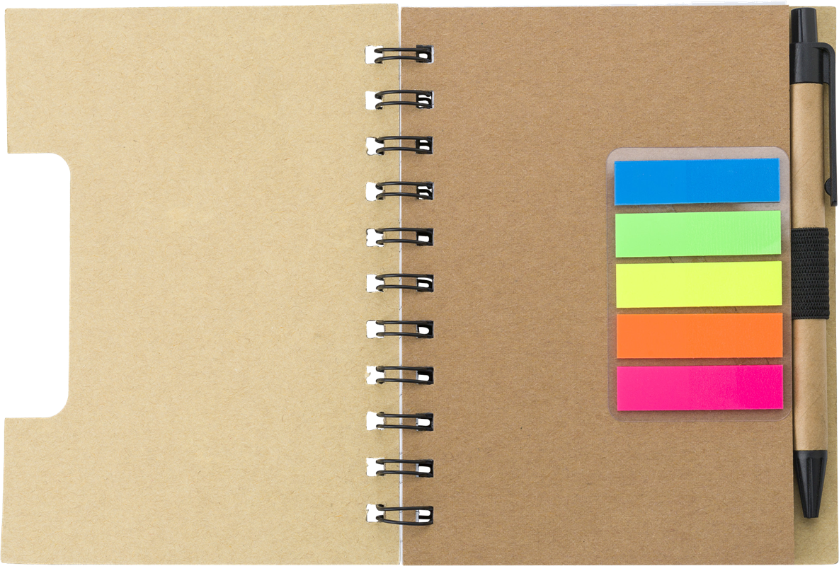 Wire bound notebook with a ballpen and mutlicoloured sticky notes (inside of product, front page)