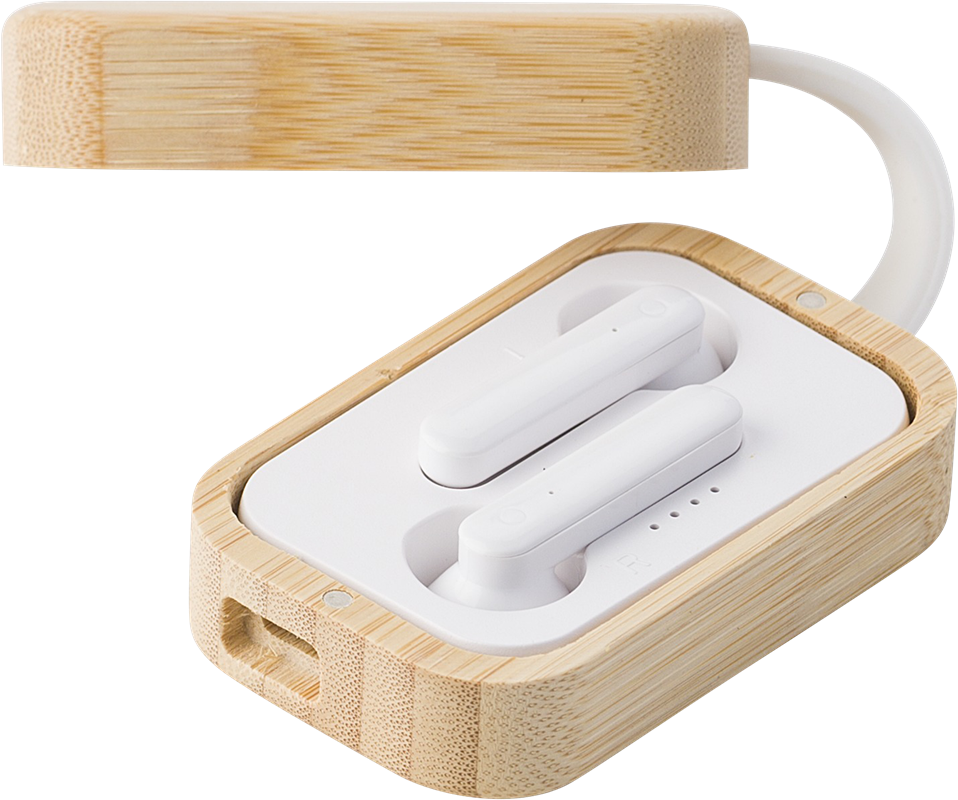 Wireless earphones in a bamboo case with charging cable (open view) 