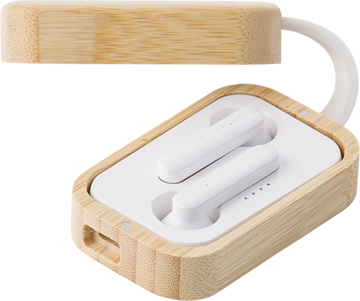 Wireless earphones in a bamboo case with charging cable (open view) 