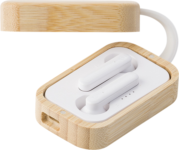 Wireless earphones in a bamboo case with charging cable (open view) 