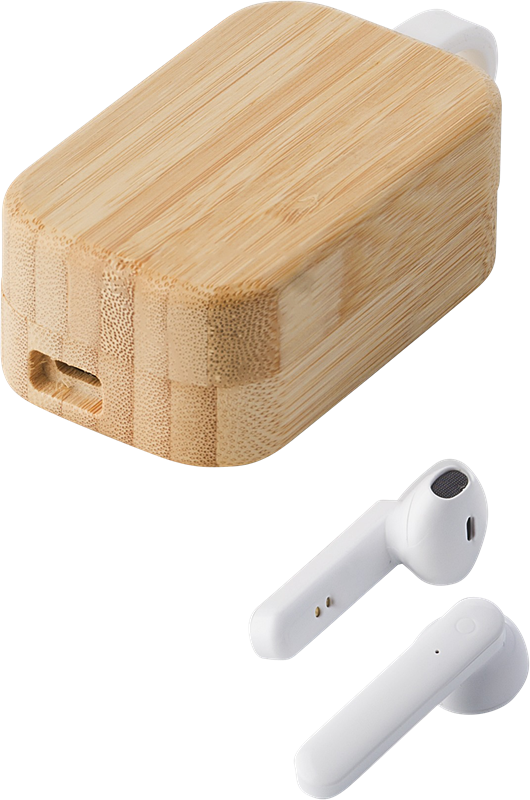 Bamboo case and wireless earphones outside the case 