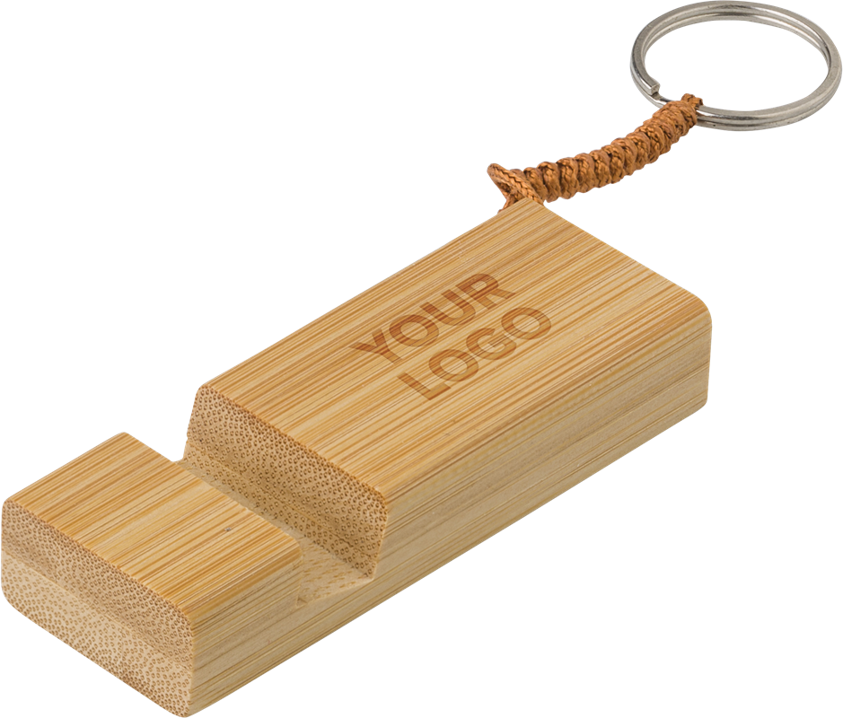 Bamboo key chain with phone holder, natural wood (diagonal angle) 