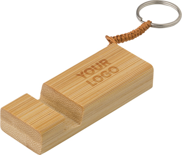 Bamboo key chain with phone holder, natural wood (diagonal angle) 