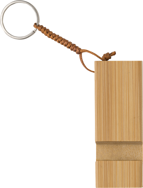 Bamboo key chain with phone holder, natural wood (forwards view)