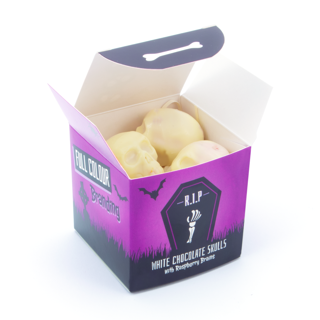 Eco Cube White Chocolate Truffle skulls box open