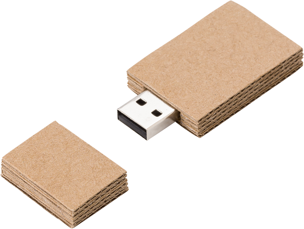 Cardboard USB Drive, light brown colour, viewed from a diagonal angle with lid off.