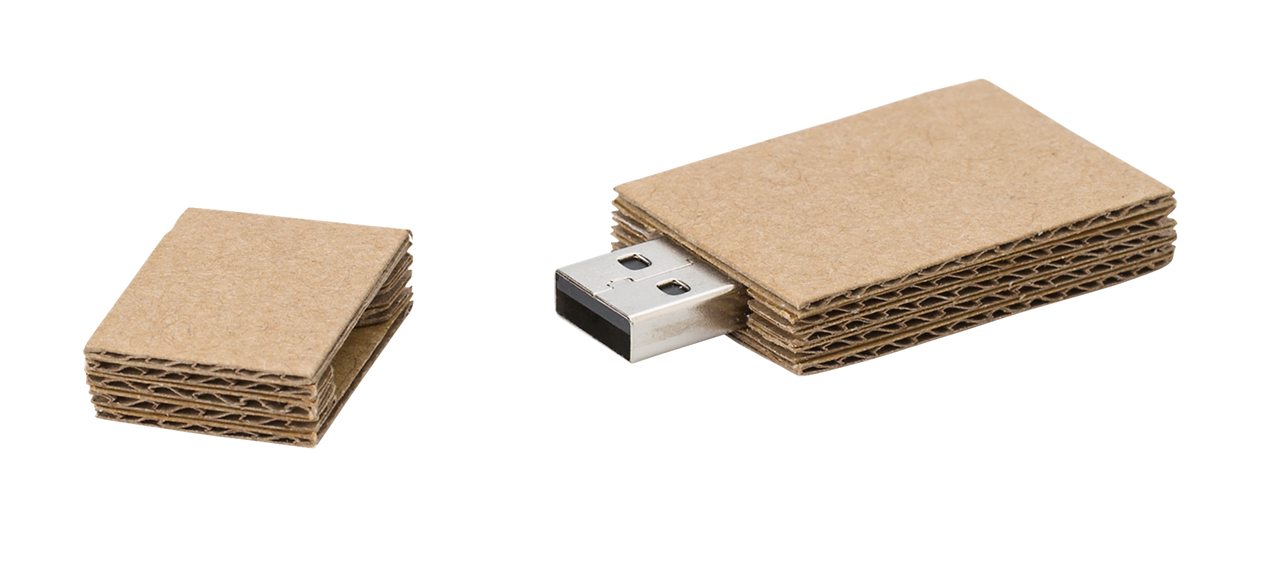 Cardboard USB Drive, light brown colour, viewed from a diagonal angle with lid off.