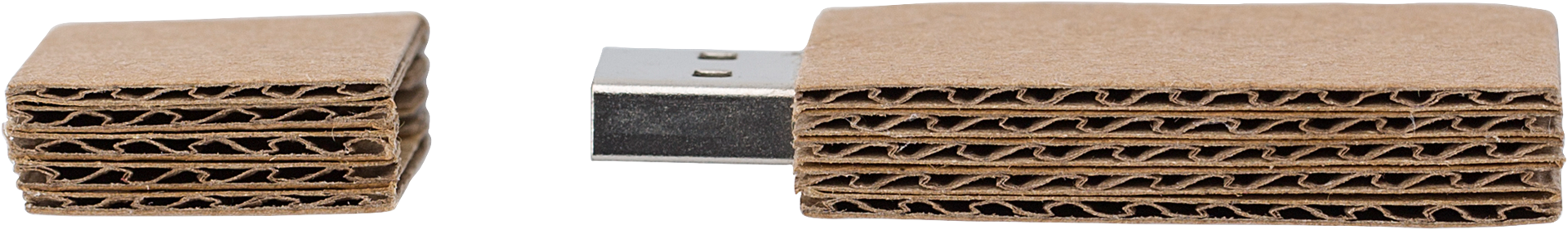Cardboard USB Drive, light brown colour, viewed from a side angle with lid off. 