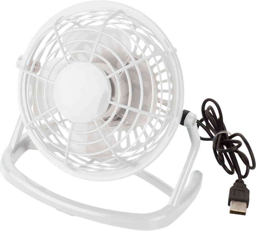 White desktop fan with cable neatly wrapped up to one side , forward facing view