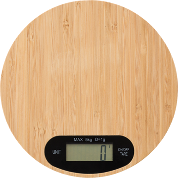 A light brown, circular kitchen scale, forward facing, and made of bamboo.