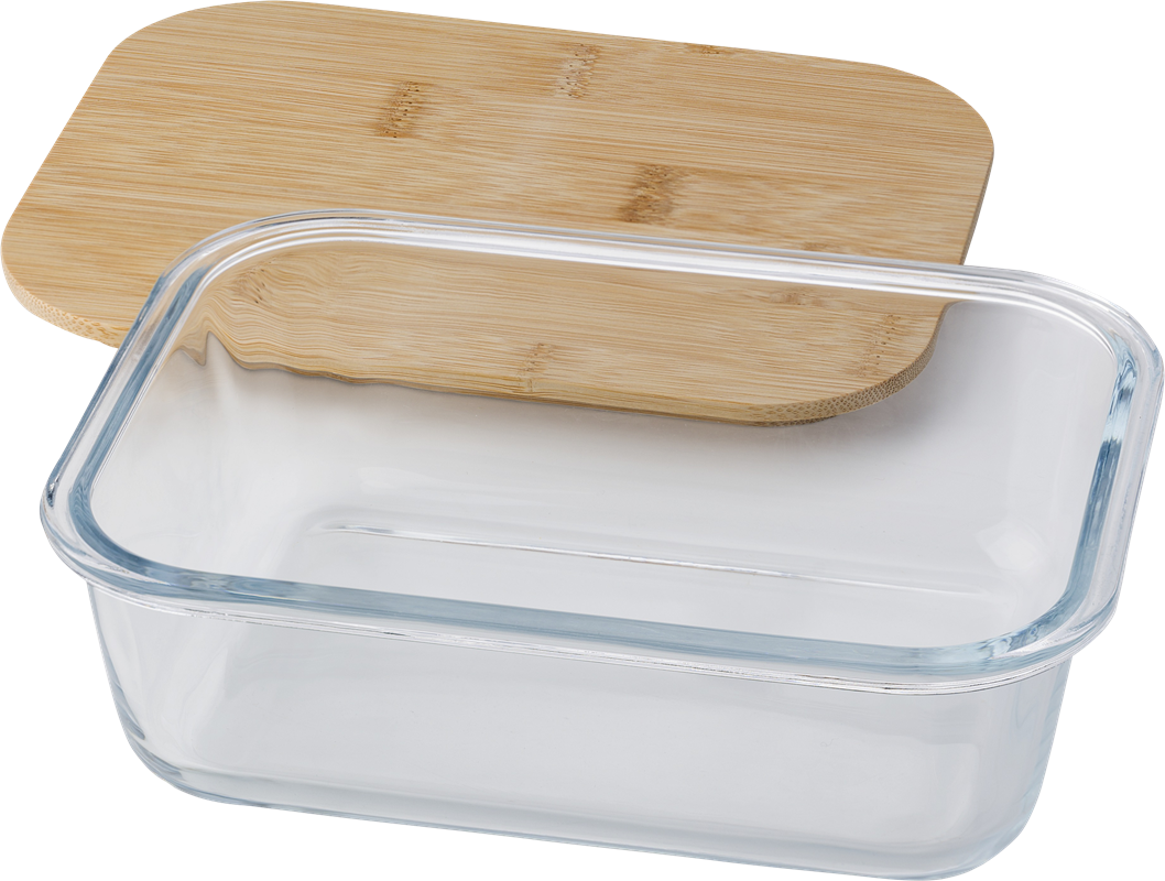 Glass lunchbox, rectangular shape, with a bamboo lid on the side 