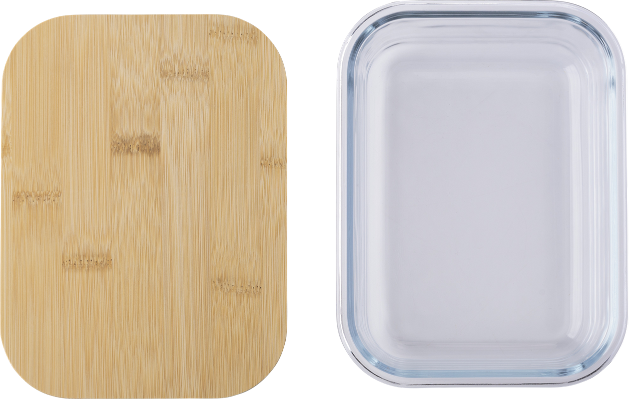 Glass lunchbox, rectangular shape, with light brown bamboo lid on the left hand side 