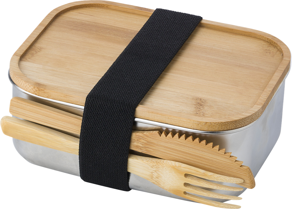 stainless steel lunchbox (grey), with a nylon strap (black), and a bamboo lid and cutlery strapped onto the side (light brown) 