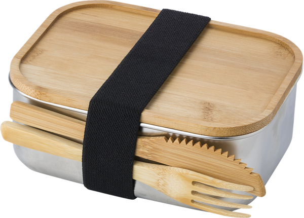 stainless steel lunchbox (grey), with a nylon strap (black), and a bamboo lid and cutlery strapped onto the side (light brown) 