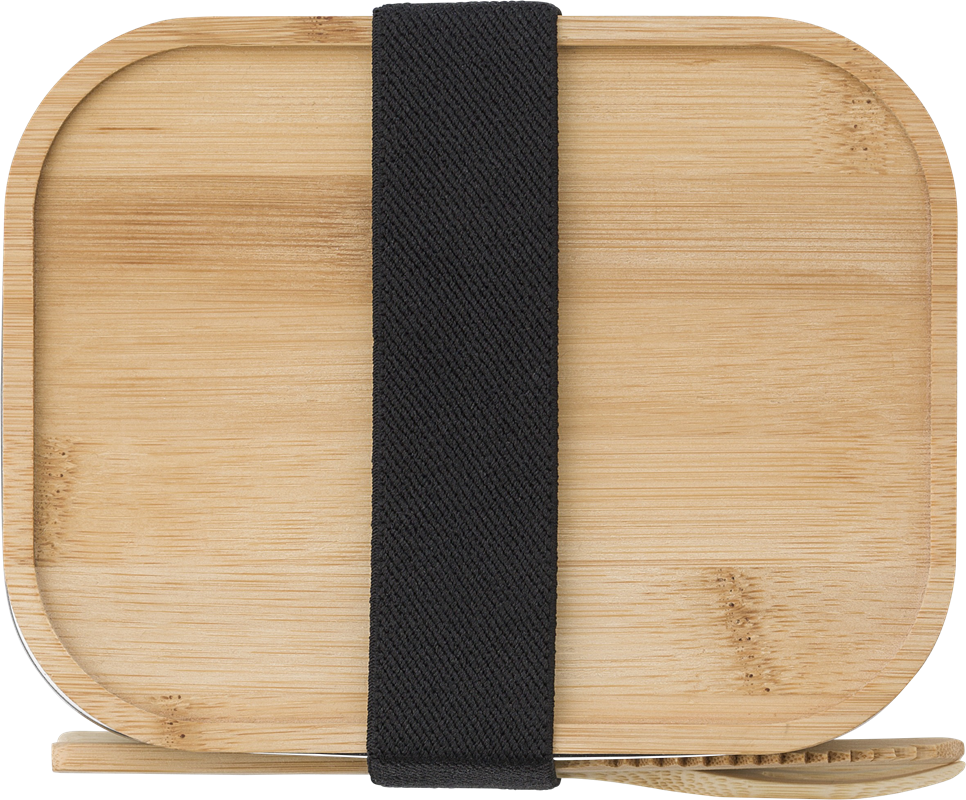stainless steel lunchbox on its side, with a nylon strap (black), and a bamboo lid (light brown) 
