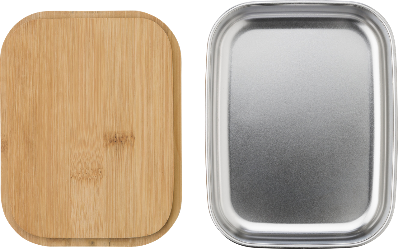 stainless steel lunchbox open (grey) , with a bamboo lid (light brown) to the left of the lunchbox 