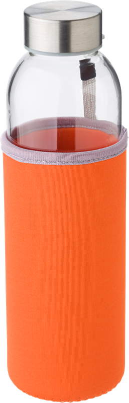 A glass bottle with a metal lid, with an orange sleeve on the outside