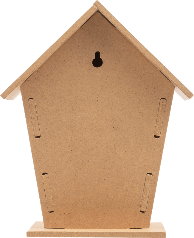 Light brown birdhouse kit that has been assembled. A backwards view. It has a triangle roof and a hole in the front for the birds to enter 