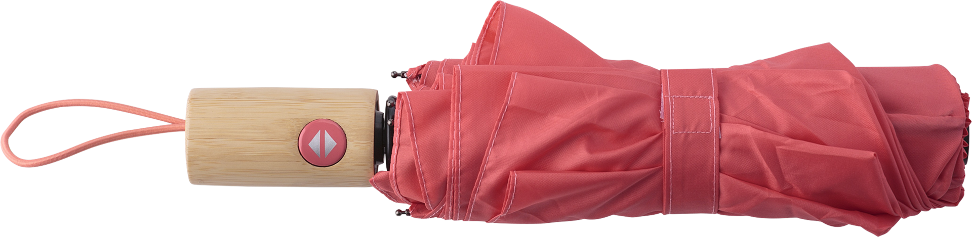 Pink umbrella on its side, with a light brown bamboo handle.