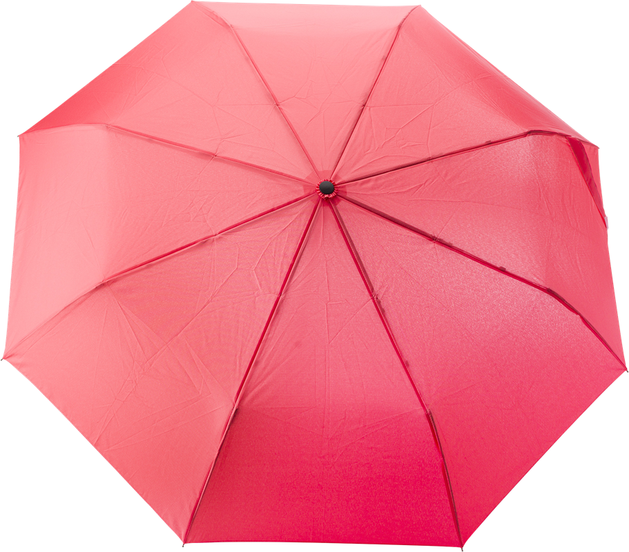 Pink umbrella open, with a light brown bamboo handle and 8 panels.