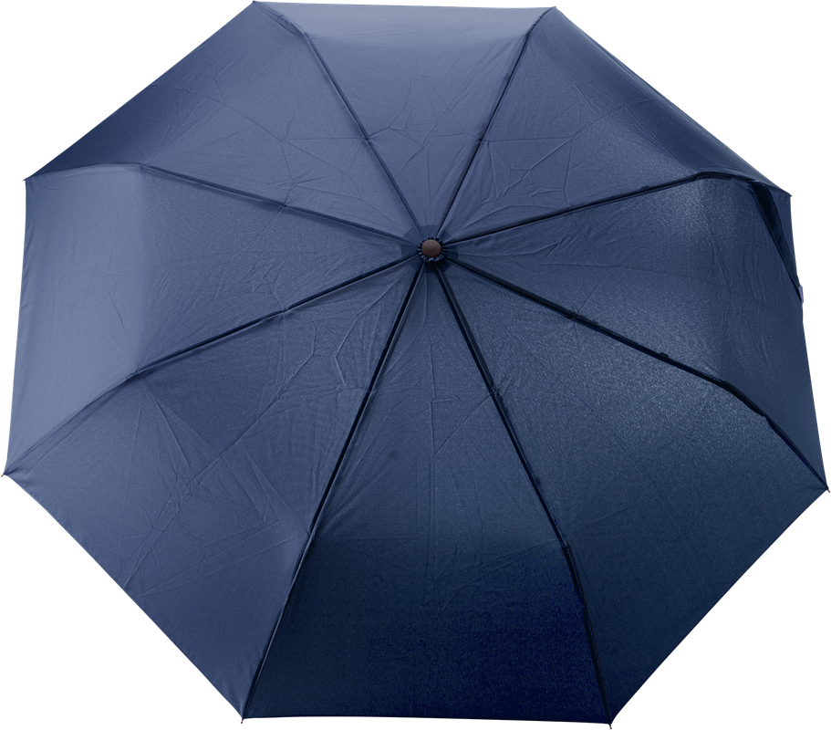 Navy umbrella open, with a light brown bamboo handle and 8 panels.
