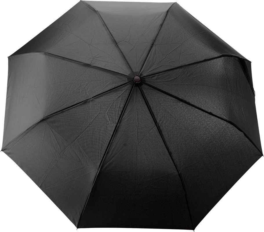 black umbrella open, with a light brown bamboo handle and 8 panels.